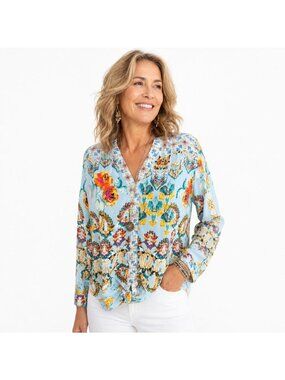 Olive Hill Floral Button Down Blouse Women M Multicolor Lightweight Boho Resort